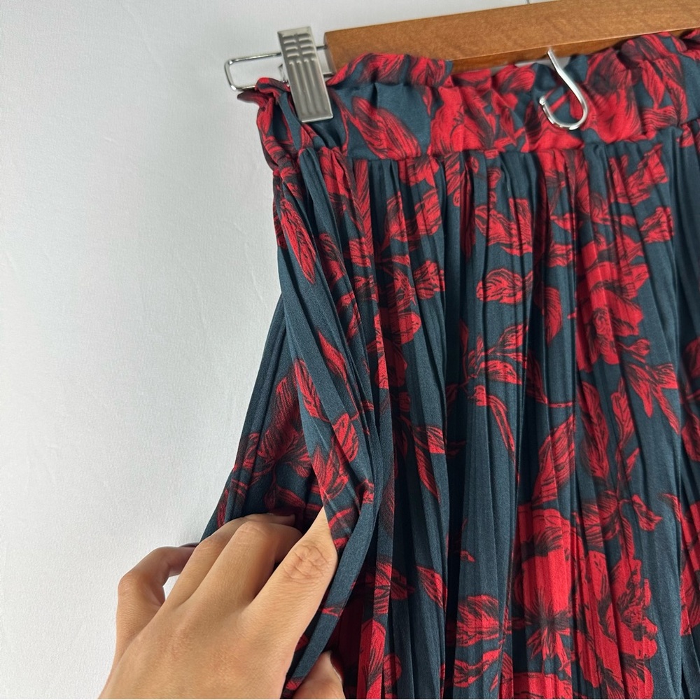 EXLURA Women Floral Pleated Flowy Side Pocket Midi Skirt Red Navy - Picture 8 of 15